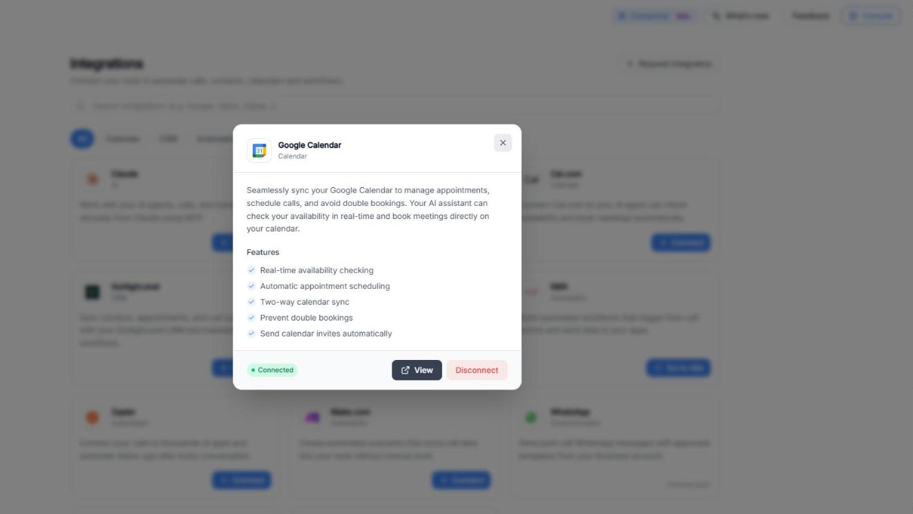 The details window of the Google Calendar integration with its description, the list of features, the Connected status and the View and Disconnect buttons.
