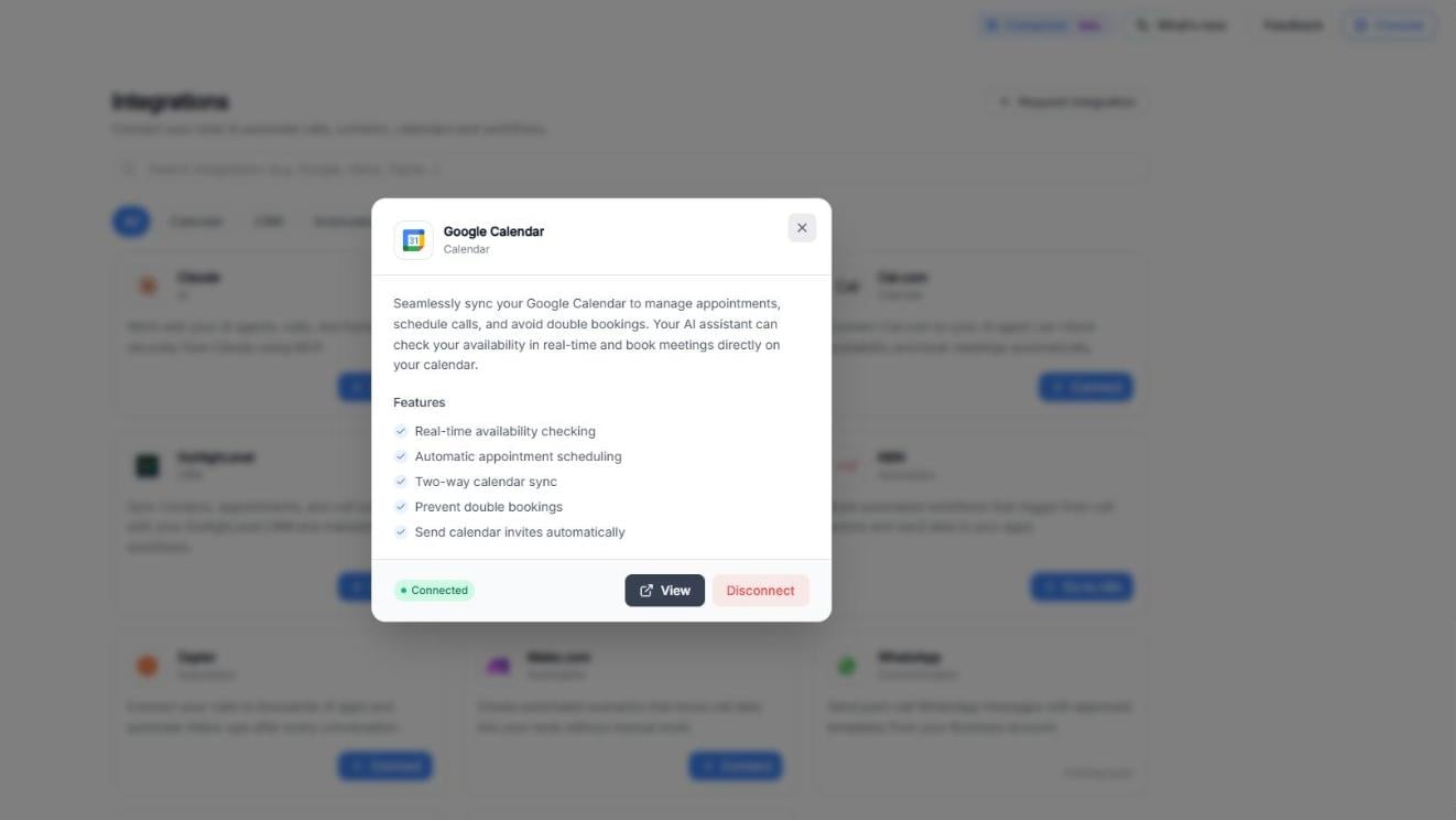 The details window of the Google Calendar integration with its description, the list of features, the Connected status and the View and Disconnect buttons.