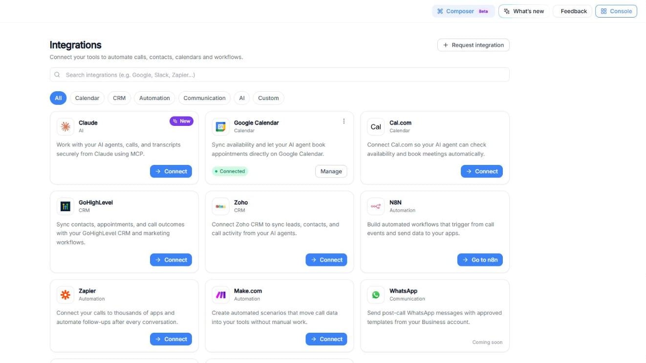 The Integrations page in Callin, with the search bar, the category filters (All, Calendar, CRM, Automation, Communication, AI, Custom) and integration cards like Claude, Google Calendar, Cal.com, GoHighLevel, Zoho, N8N, Zapier, Make.com and WhatsApp.