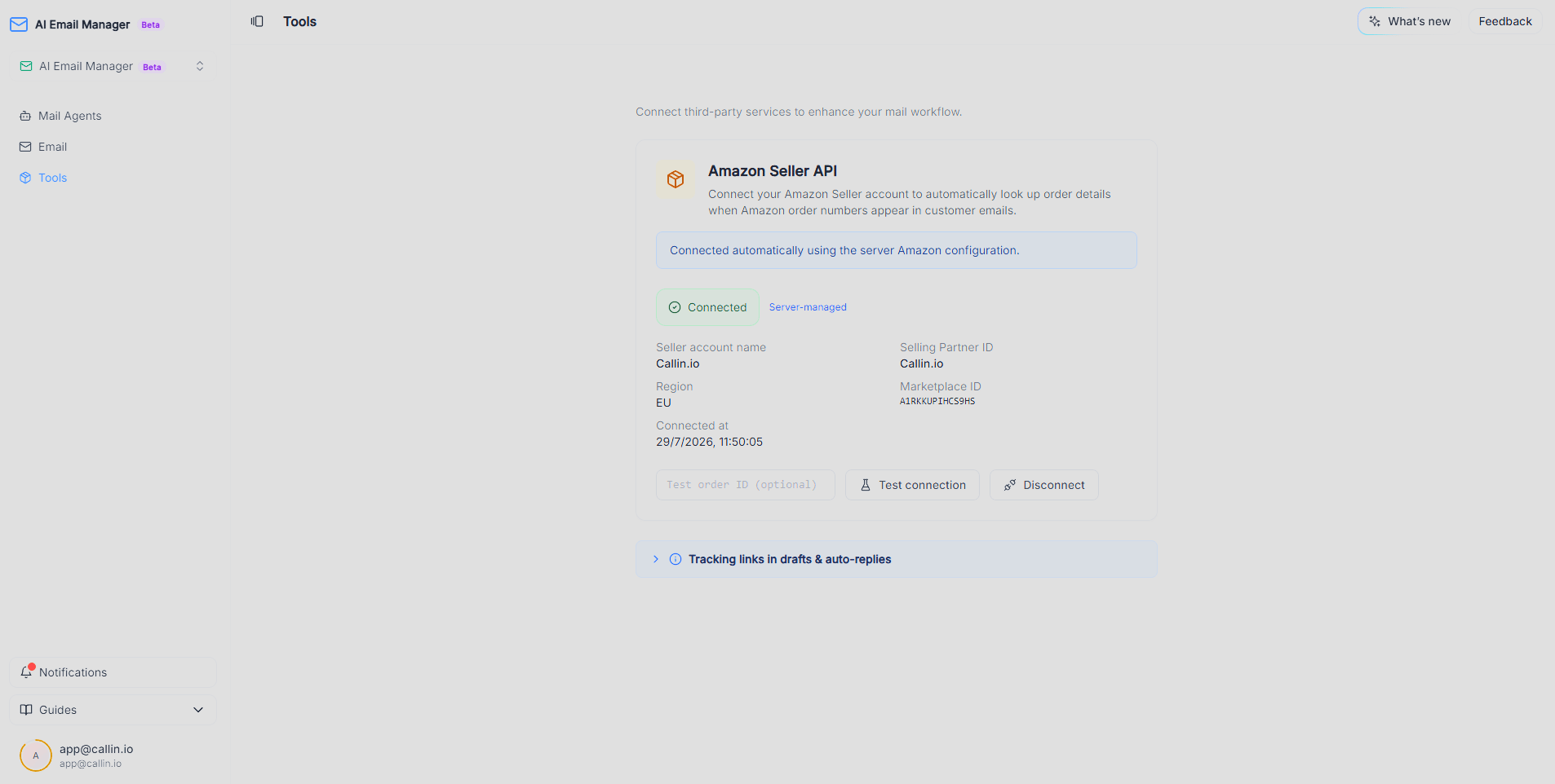 Tools section showing the Amazon Seller API integration with Connected status, account details, and the Test connection and Disconnect buttons