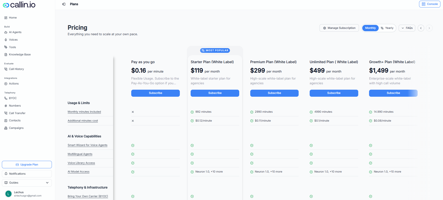 Página de planes de suscripción con una lista de planes, precio, estado, fecha de creación y botón para crear un plan