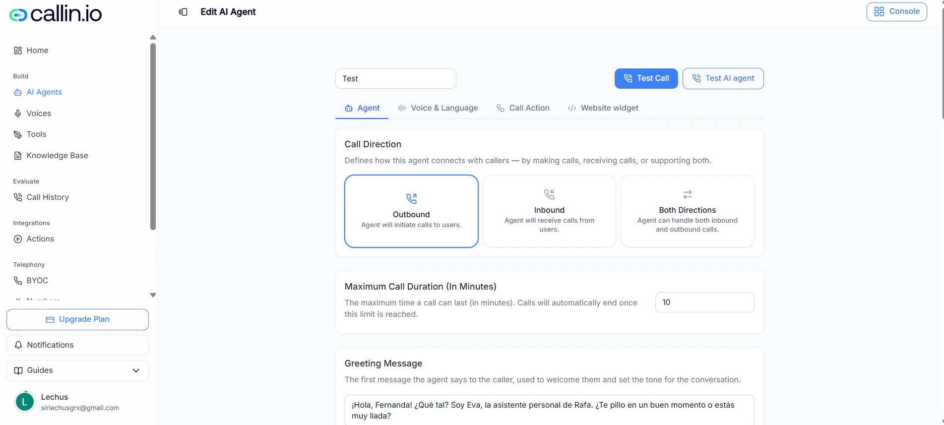 The Agent configuration tab showing call direction, maximum call duration, greeting message, conversation prompt, variables, knowledge base, tools, and call settings.