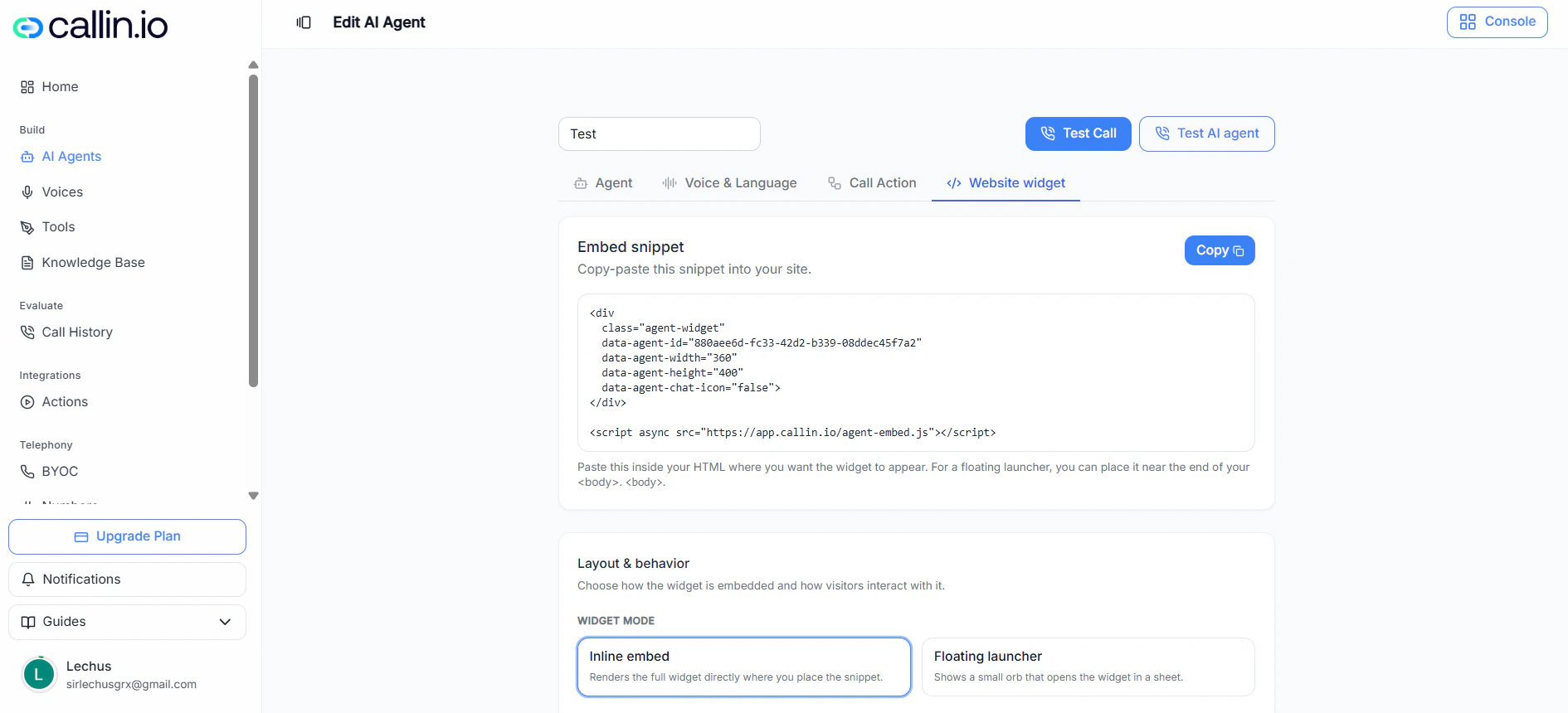 The Website widget tab showing the embed snippet, widget mode, theme, conversation mode, appearance settings, labels, and save area.