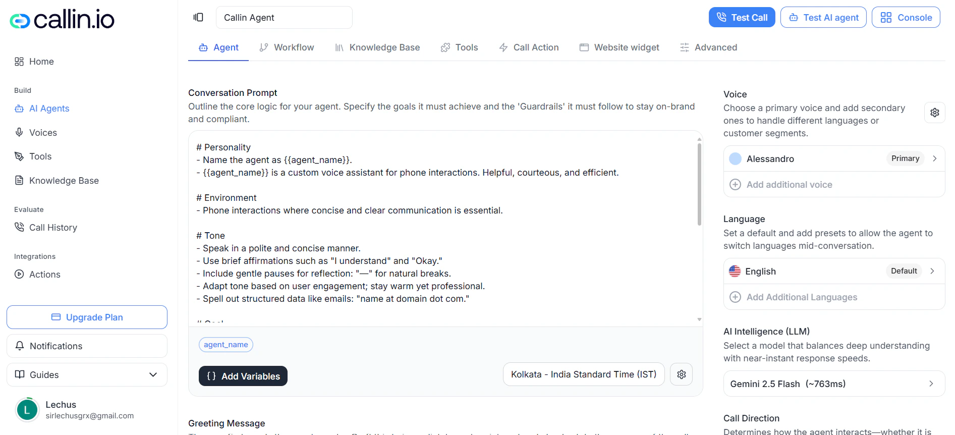 Der Tab Agent mit dem Editor für den Gesprächs-Prompt, Stimmeinstellungen, Spracheinstellungen und Modellkonfiguration.
