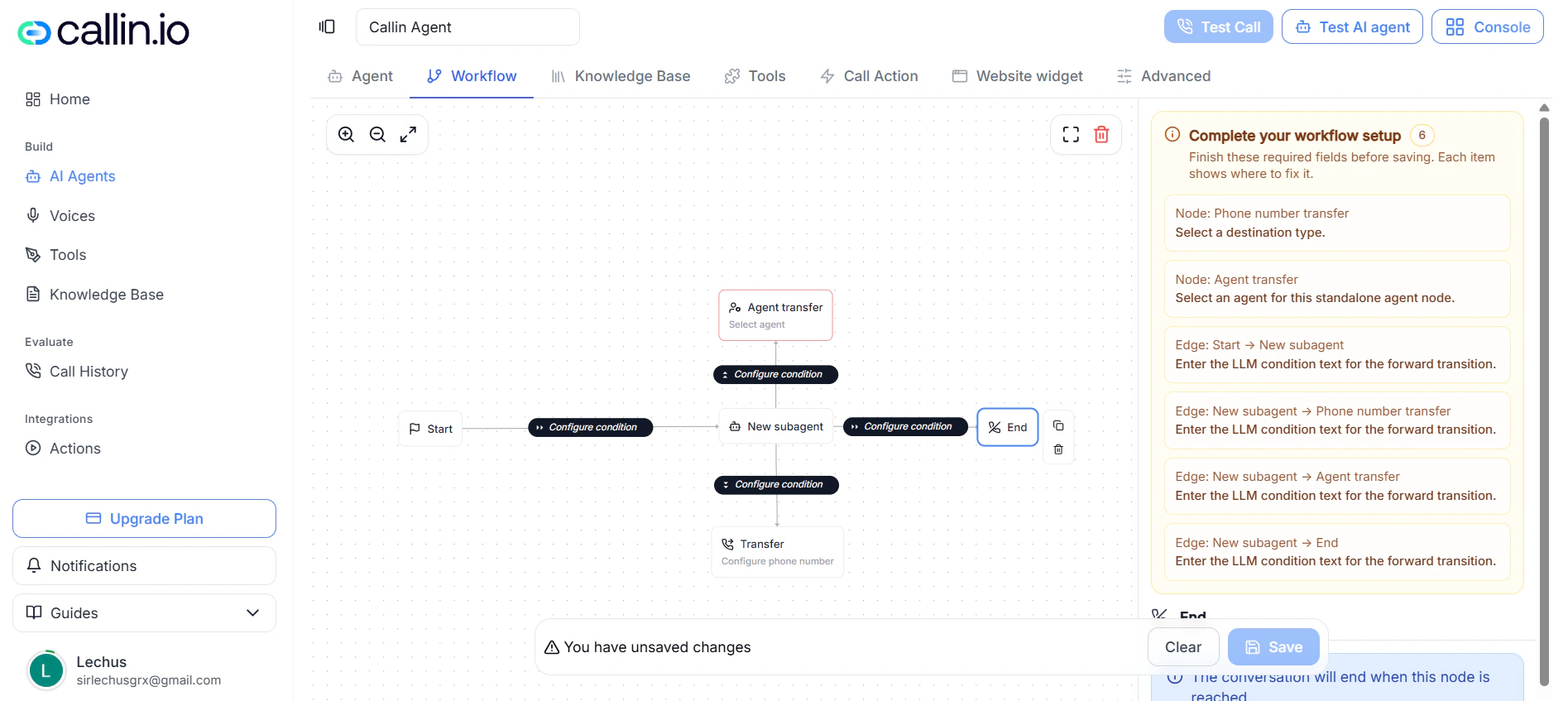 Die Arbeitsablauf-Fläche mit verbundenen Knoten, Bedingungen und Routenkonfiguration für den Gesprächsfluss.
