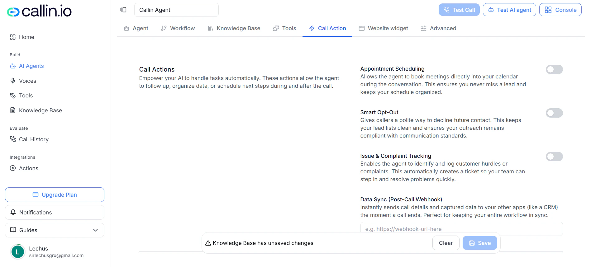Der Tab Anrufaktion mit Automatisierungen wie Terminplanung, Nachfass-E-Mail, Datensynchronisierung, Extraktion und Wiederholungsversuchen.
