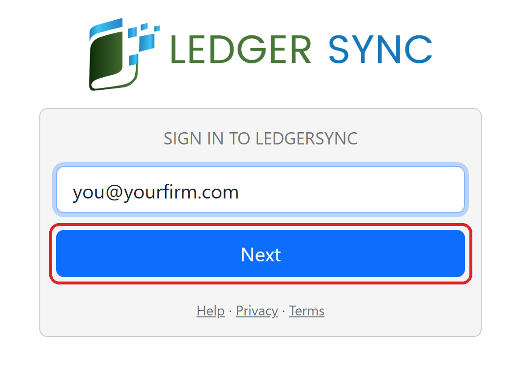The Sign in to LedgerSync page with the Next button marked