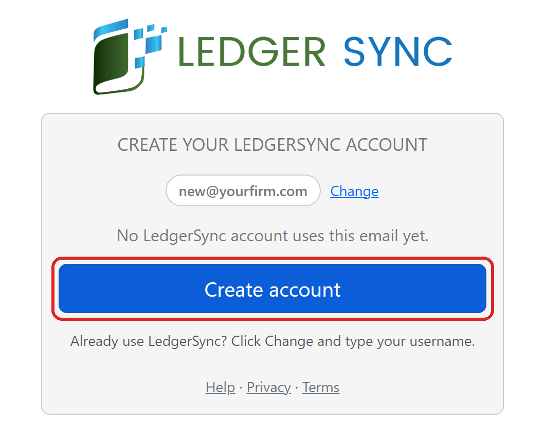 The Create your LedgerSync account page with the Create account button marked