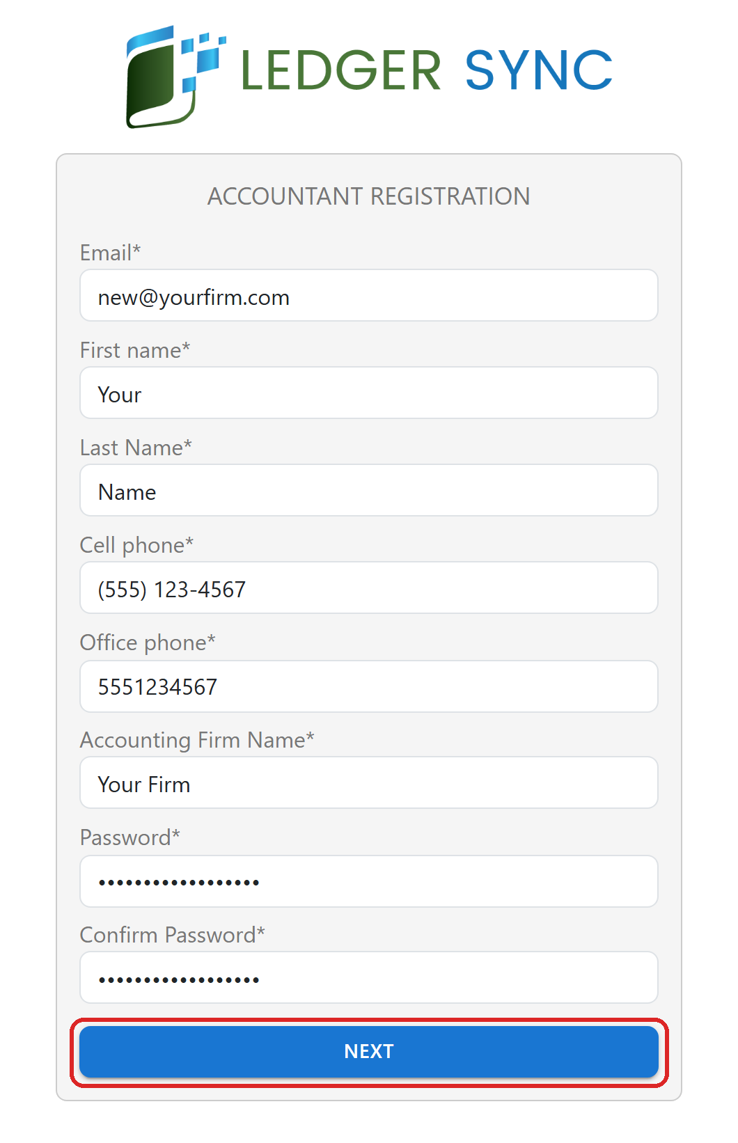 The Accountant registration form filled in, with the NEXT button marked