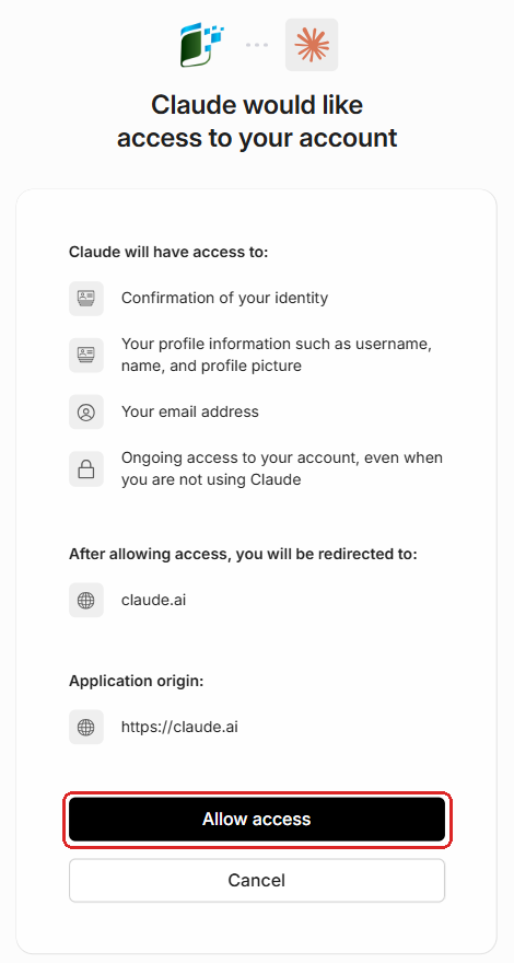 LedgerSync page asking to let Claude access your account, with Allow access marked