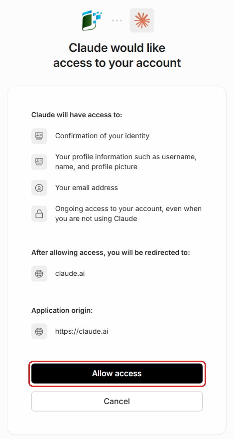 LedgerSync page asking to let Claude access your account, with Allow access marked