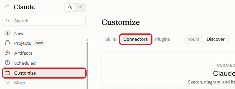 Claude menu with Customize and the Connectors tab marked
