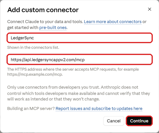 The name LedgerSync and the address typed in, with Continue marked