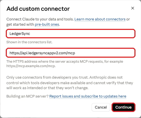 The name LedgerSync and the address typed in, with Continue marked