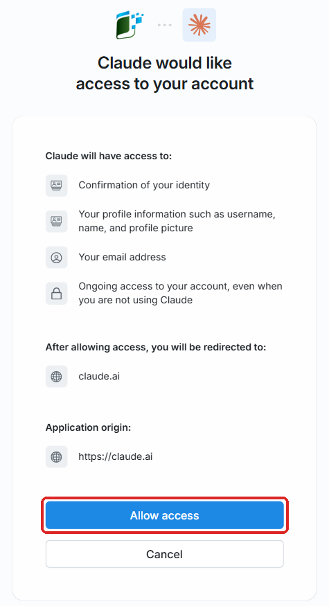 LedgerSync page asking to let Claude access your account, with Allow access marked