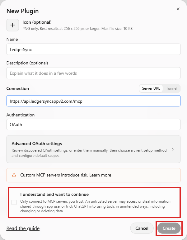 ChatGPT New Plugin form with LedgerSync, the address and OAuth filled in, and the I understand and want to continue box and the Create button marked