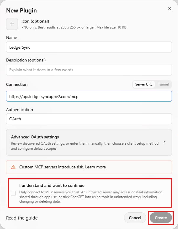 ChatGPT New Plugin form with LedgerSync, the address and OAuth filled in, and the I understand and want to continue box and the Create button marked