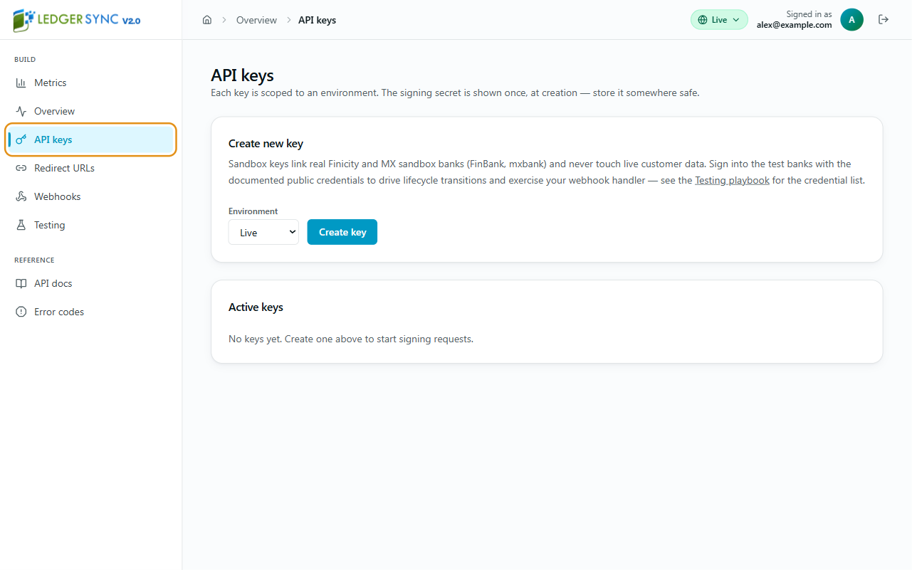 Full portal screen showing API keys highlighted under Build in the left sidebar and the API keys page on the right