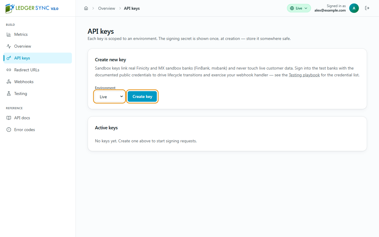 Full API keys screen with its sidebar and header visible, Environment set to Live, and Create key highlighted
