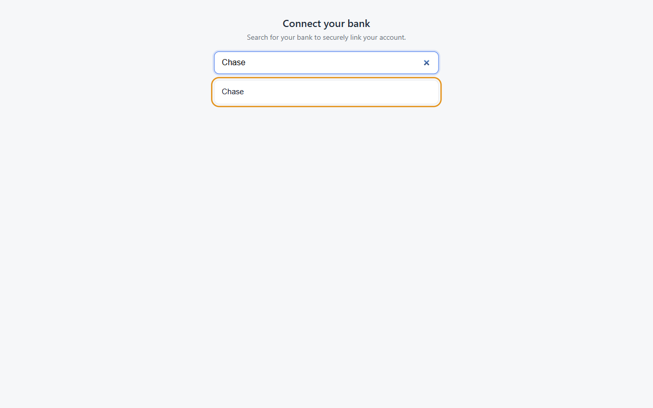 Full bank connection screen showing the page heading, search field, and a highlighted Chase result