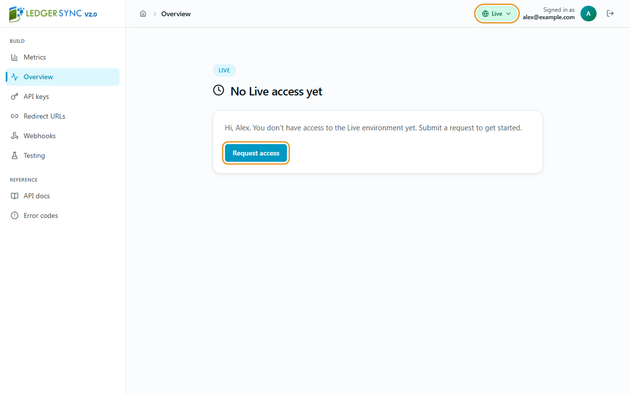 Full portal screen with Overview selected in the left sidebar, Live at the top right, and Request access highlighted
