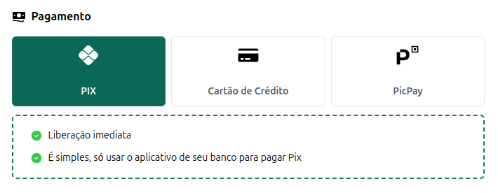 imagem da tela para selecionar a forma de pagamento