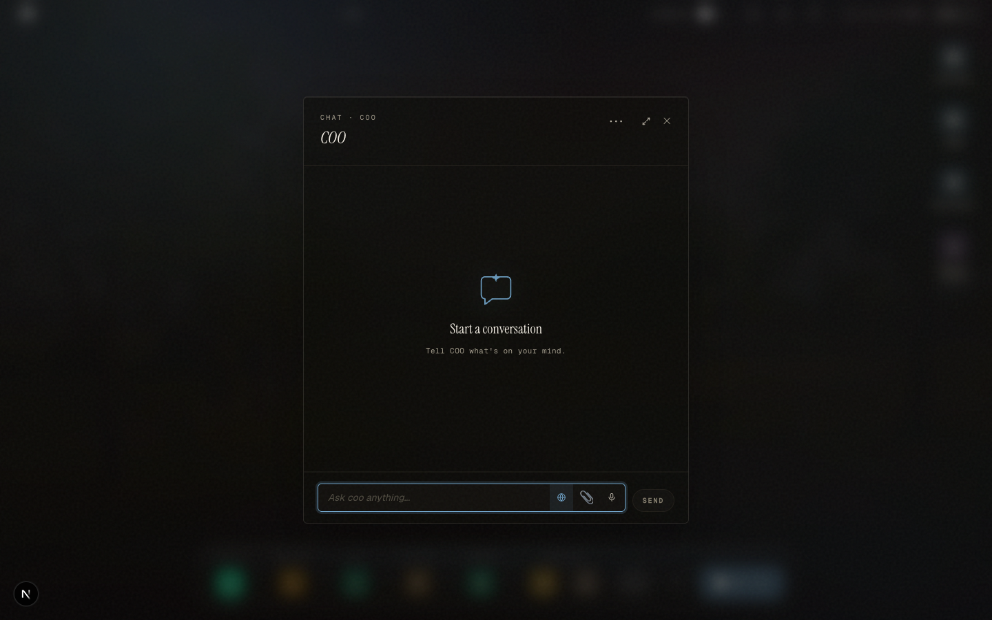 The COO chat window open over the workspace desktop