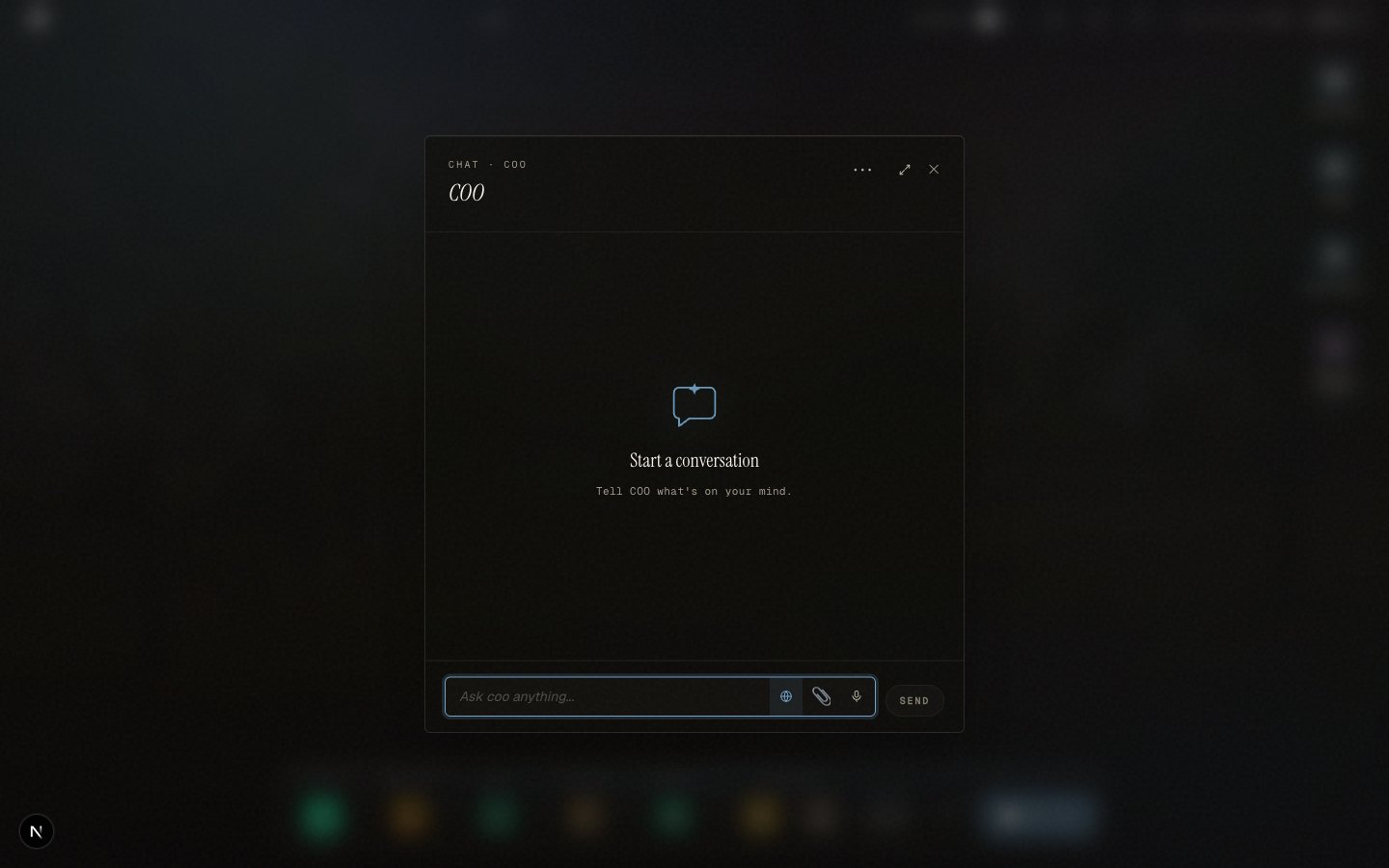 The COO chat window open over the workspace desktop