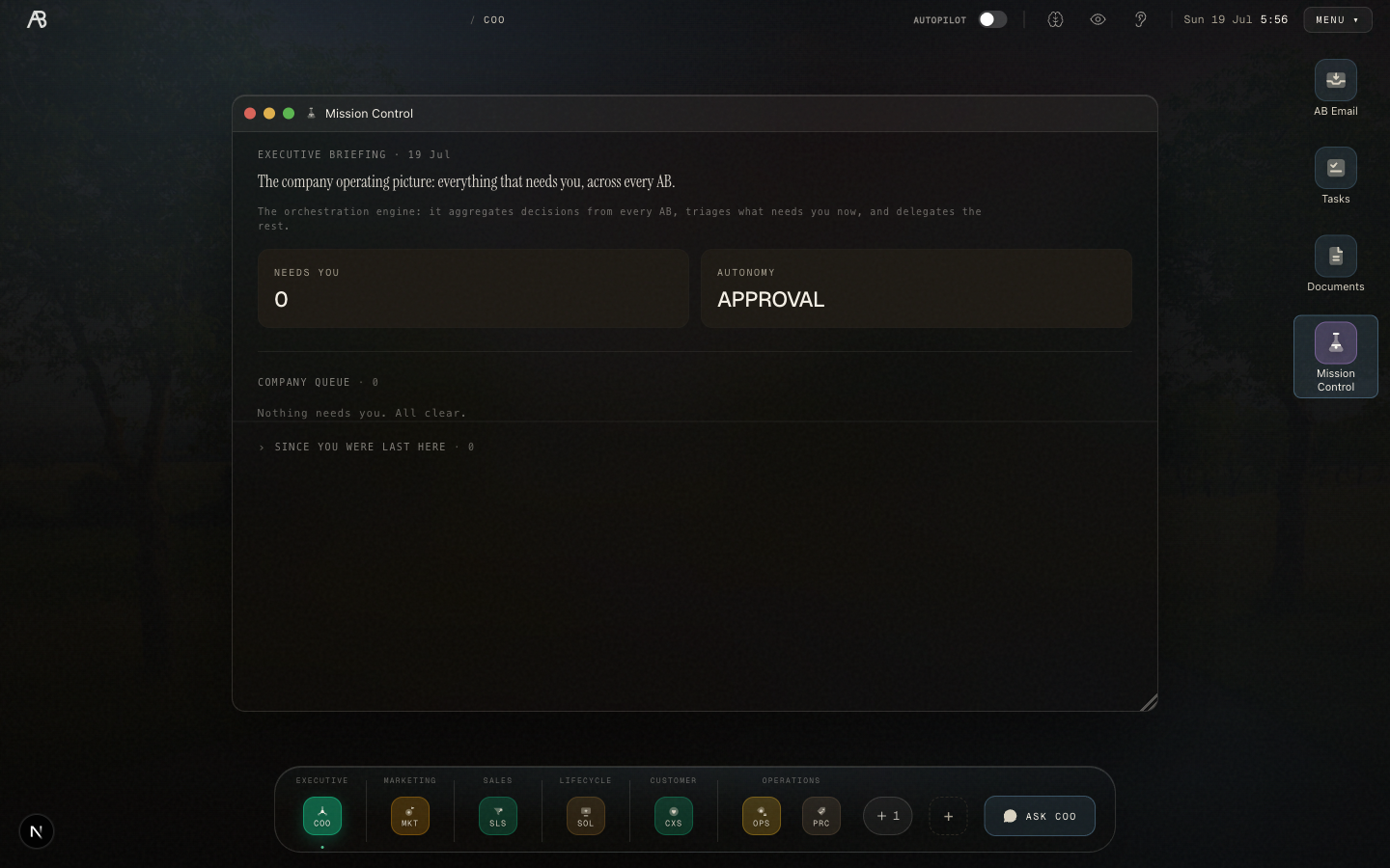 Mission Control showing the approval queue and autonomy level