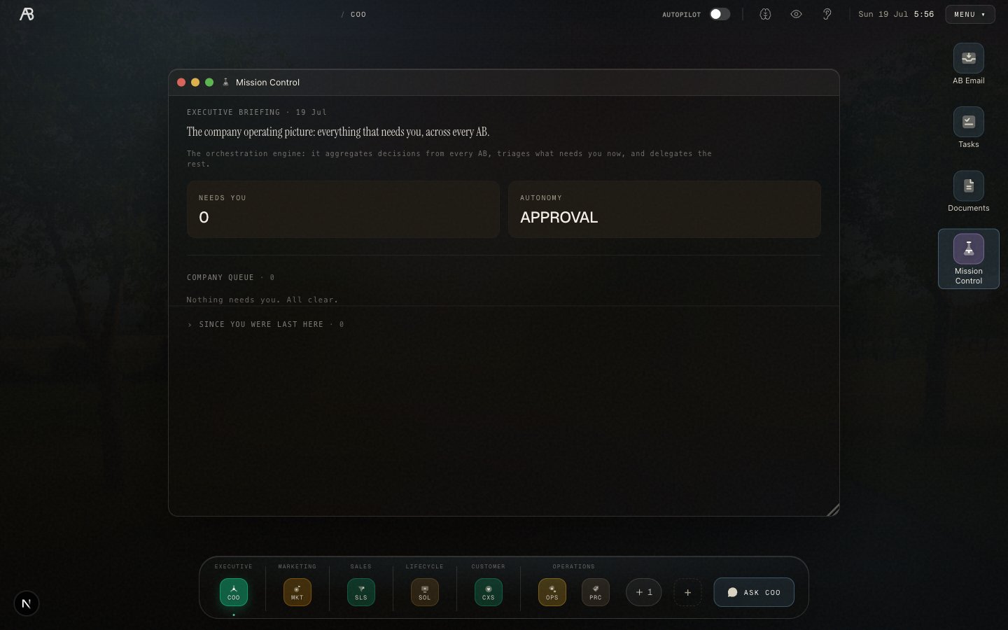 Mission Control showing the approval queue and autonomy level