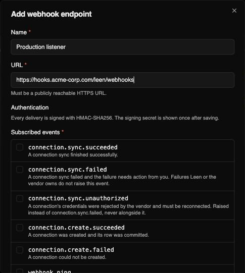 The Add webhook endpoint dialog: name and URL fields, a note that deliveries are signed with HMAC-SHA256, and the list of subscribable events with descriptions