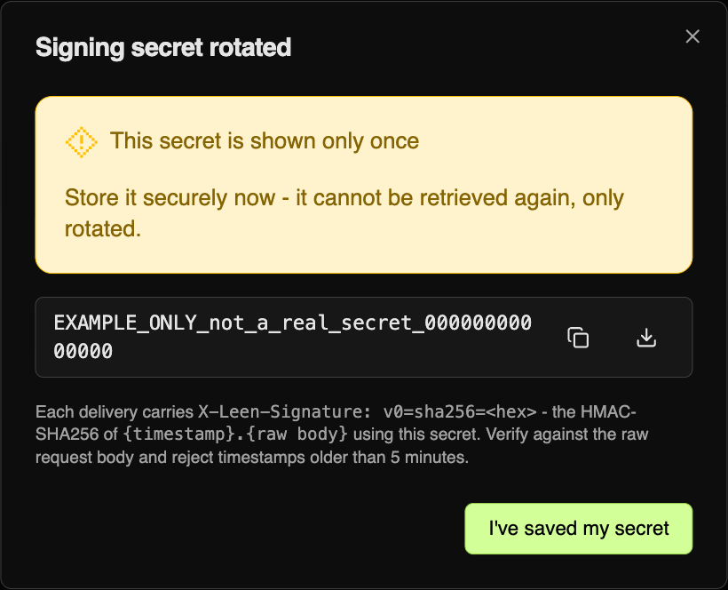 The signing secret dialog, warning that the secret is shown only once and cannot be retrieved again, only rotated