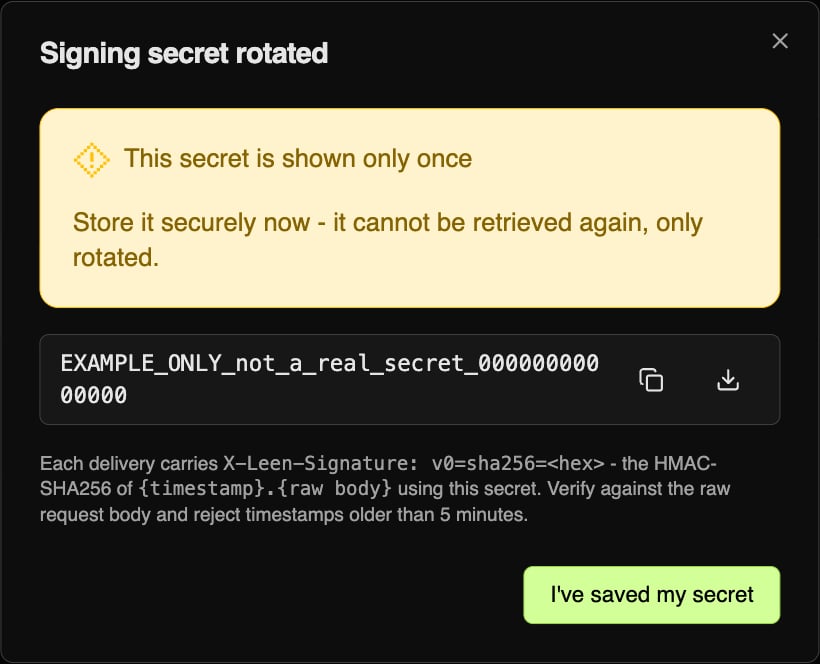 The signing secret dialog, warning that the secret is shown only once and cannot be retrieved again, only rotated