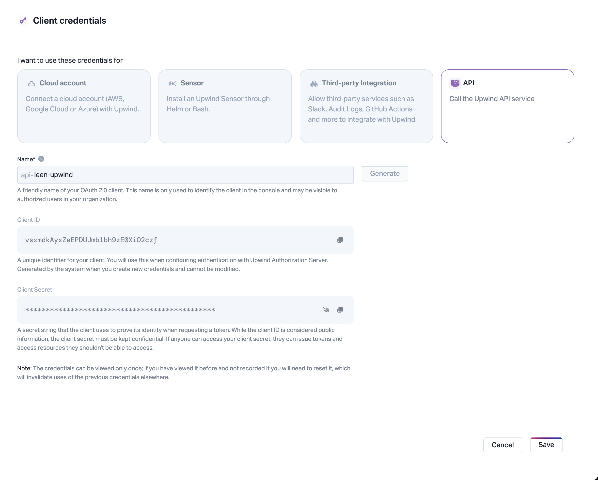Upwind API Key Credential