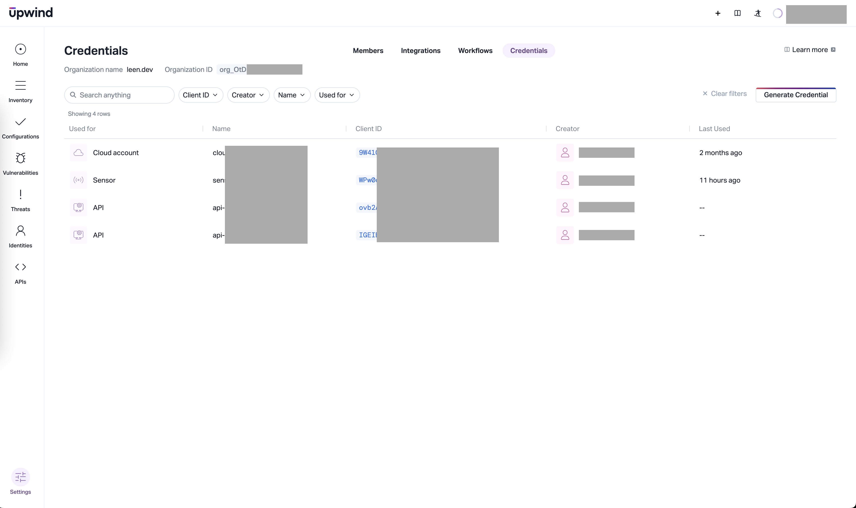 Upwind API Keys page