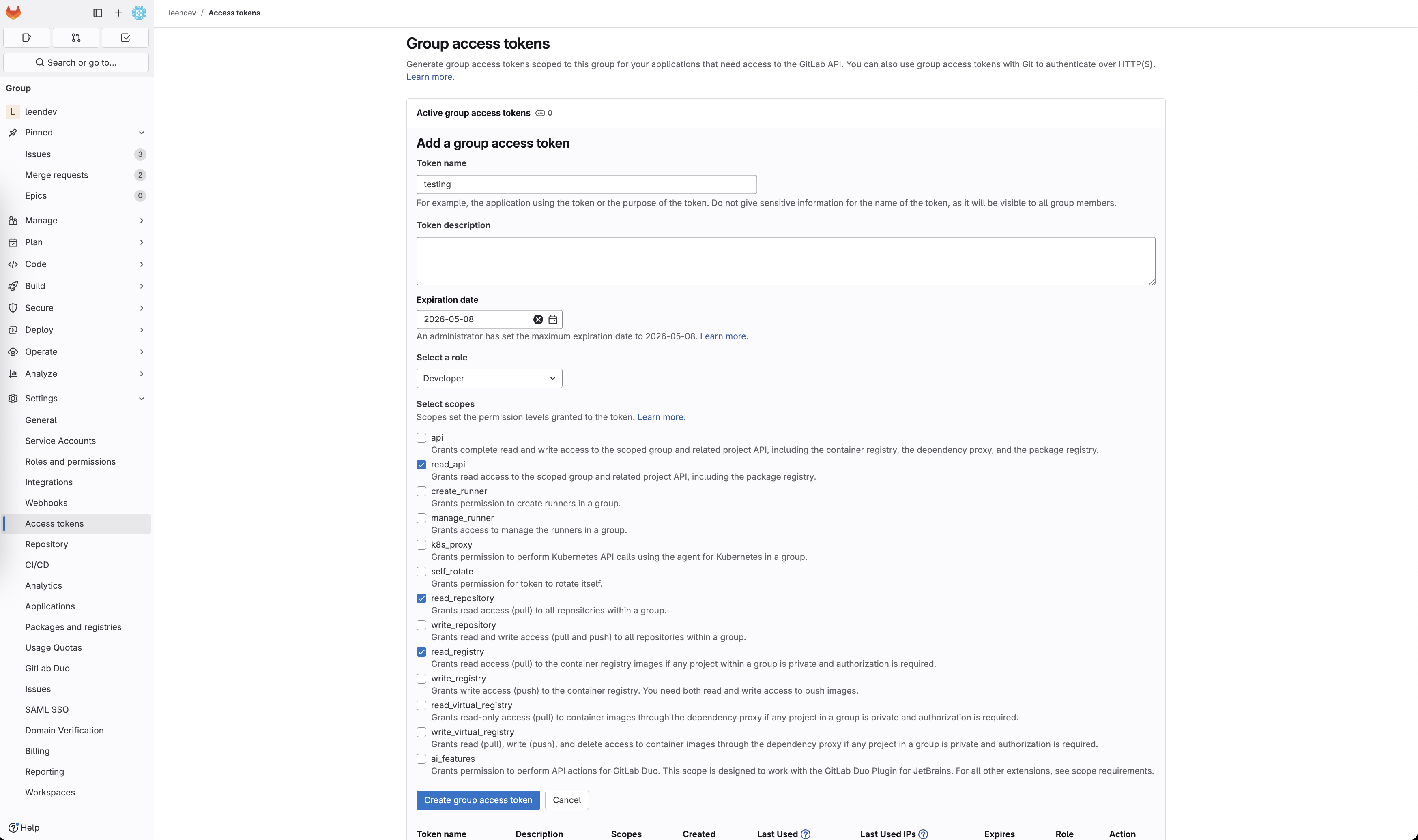 Create Group Access Token