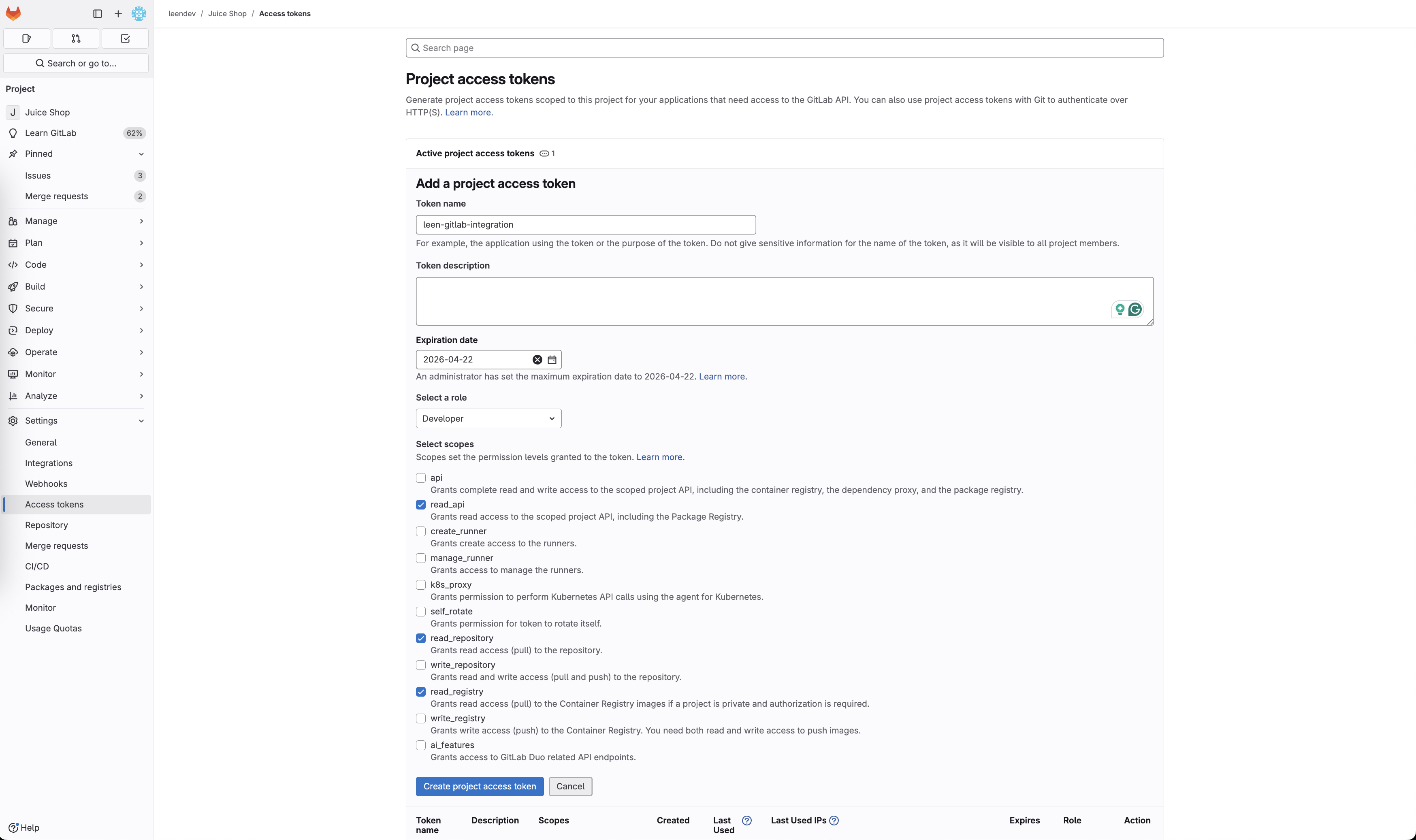 Create Project Access Token