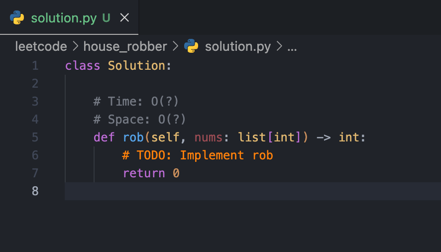 Generated solution.py with TODO placeholder and type hints