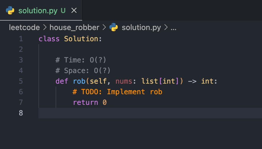 Generated solution.py with TODO placeholder and type hints