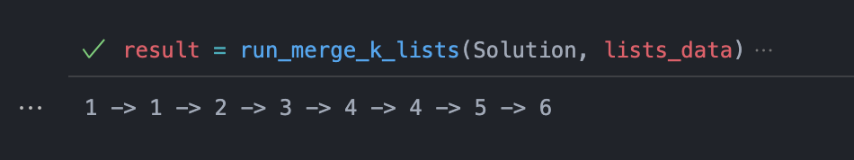 ListNode printed as an arrow chain in the terminal