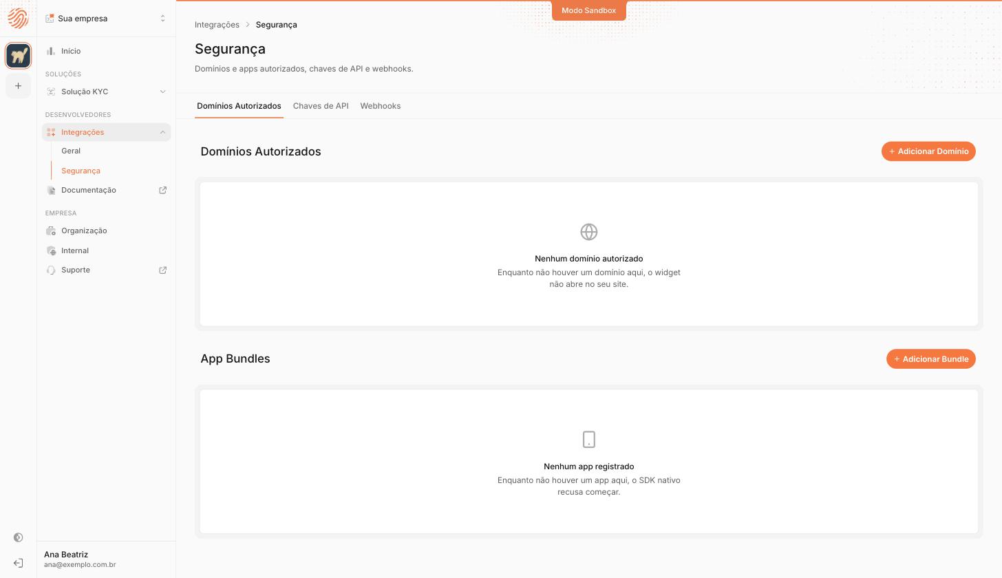 Aba Domínios Autorizados do dashboard, com as seções Domínios Autorizados e App Bundles vazias e os botões Adicionar Domínio e Adicionar Bundle