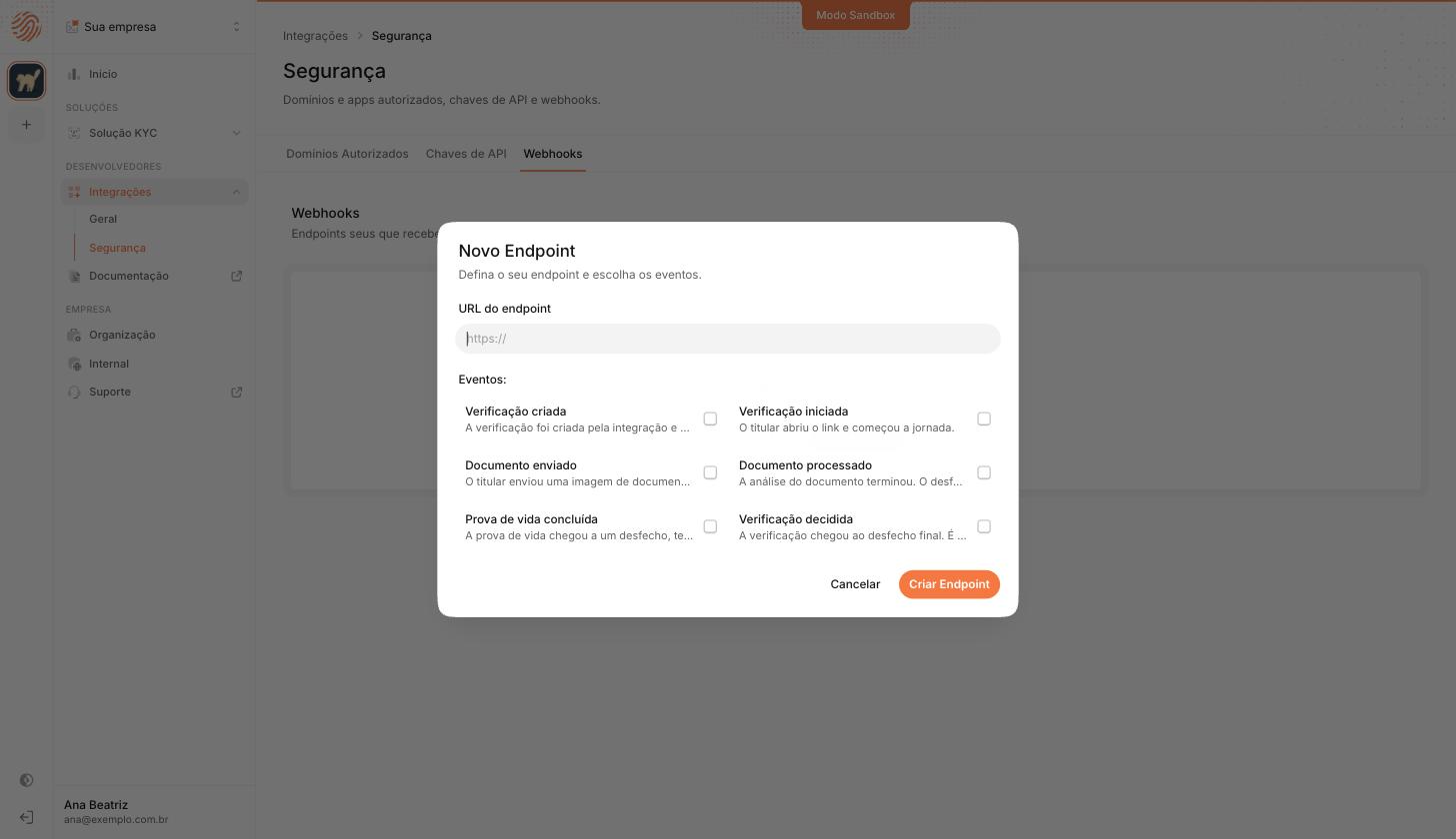 Diálogo Novo Endpoint com o campo URL do endpoint e a lista de eventos disponíveis com caixas de seleção