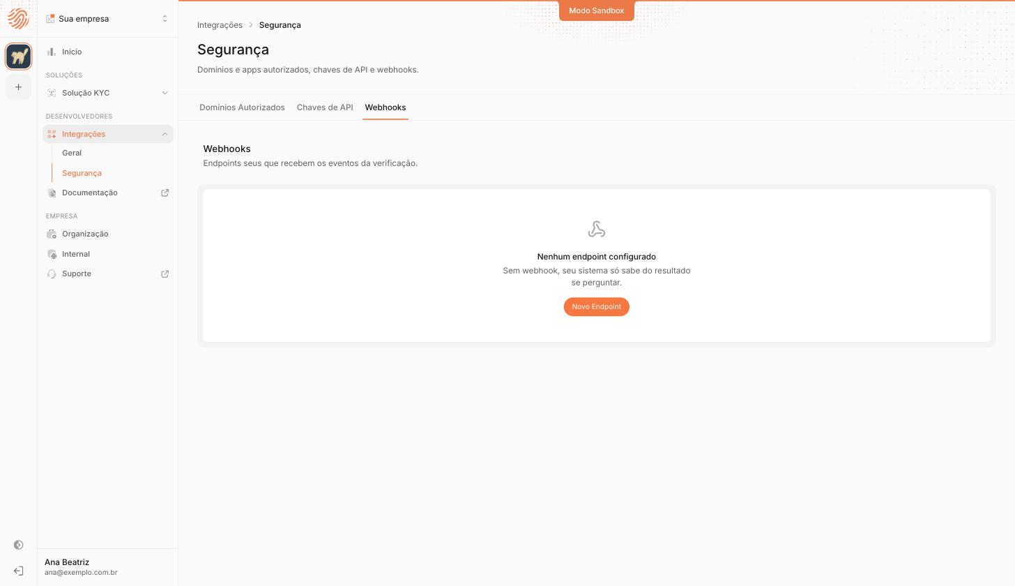Aba Webhooks do dashboard sem endpoints cadastrados, com o botão Novo Endpoint