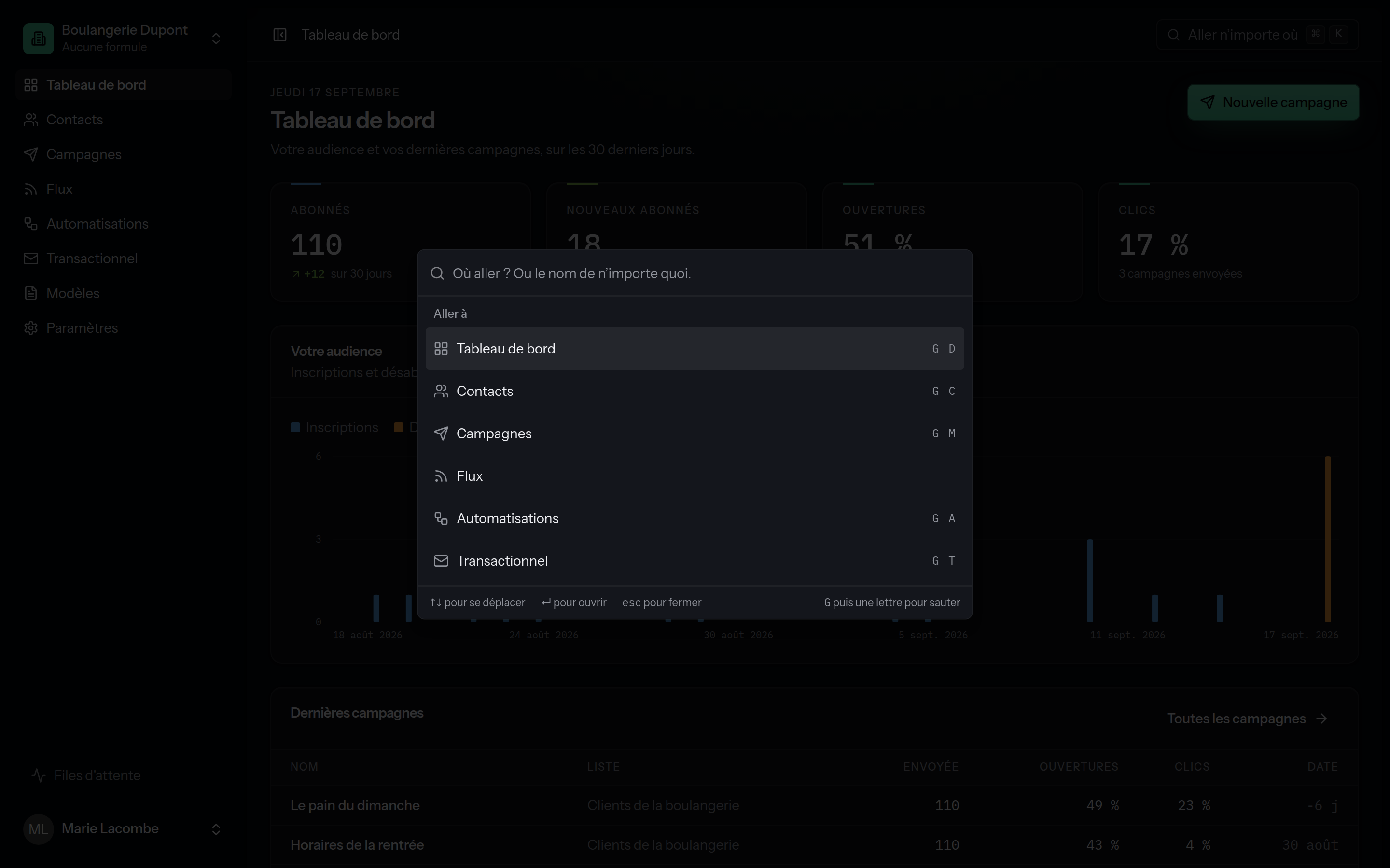 The command palette, open, with a search typed in
