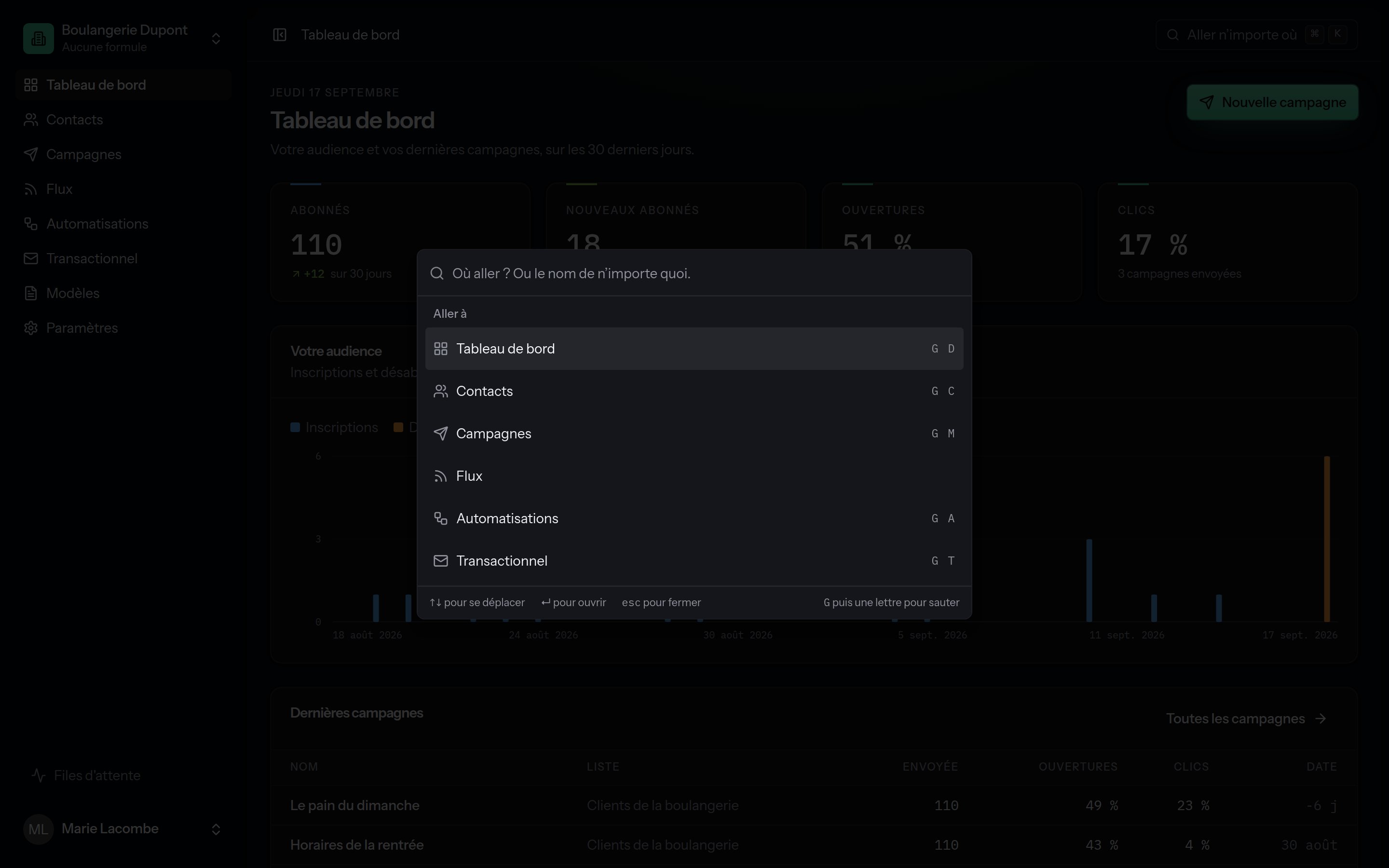 The command palette, open, with a search typed in