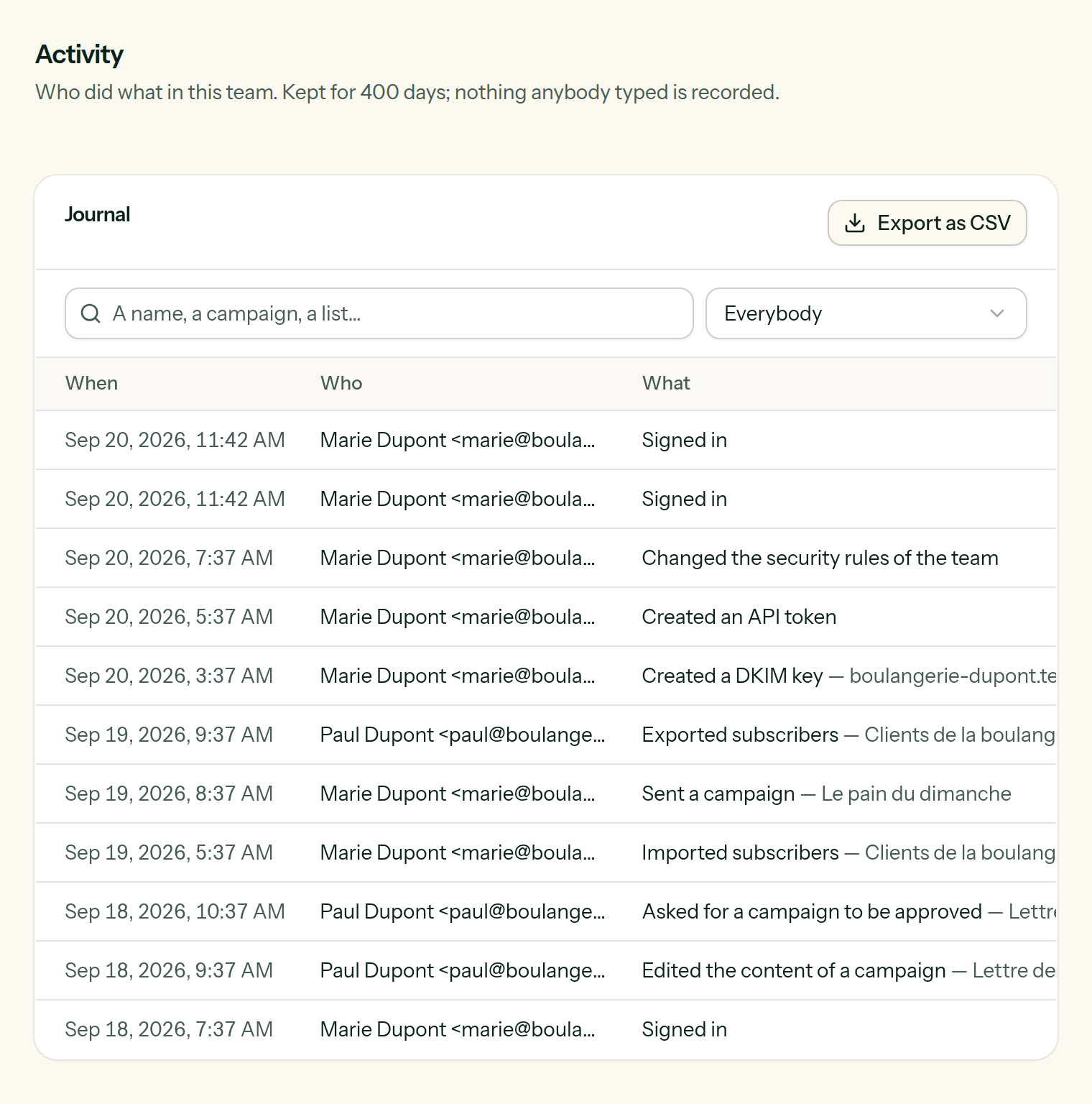 The activity log