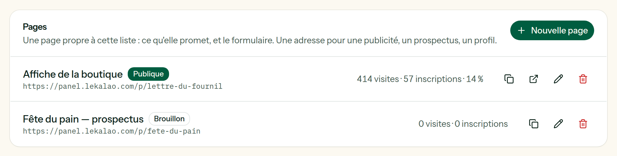 L'onglet Pages d'une liste