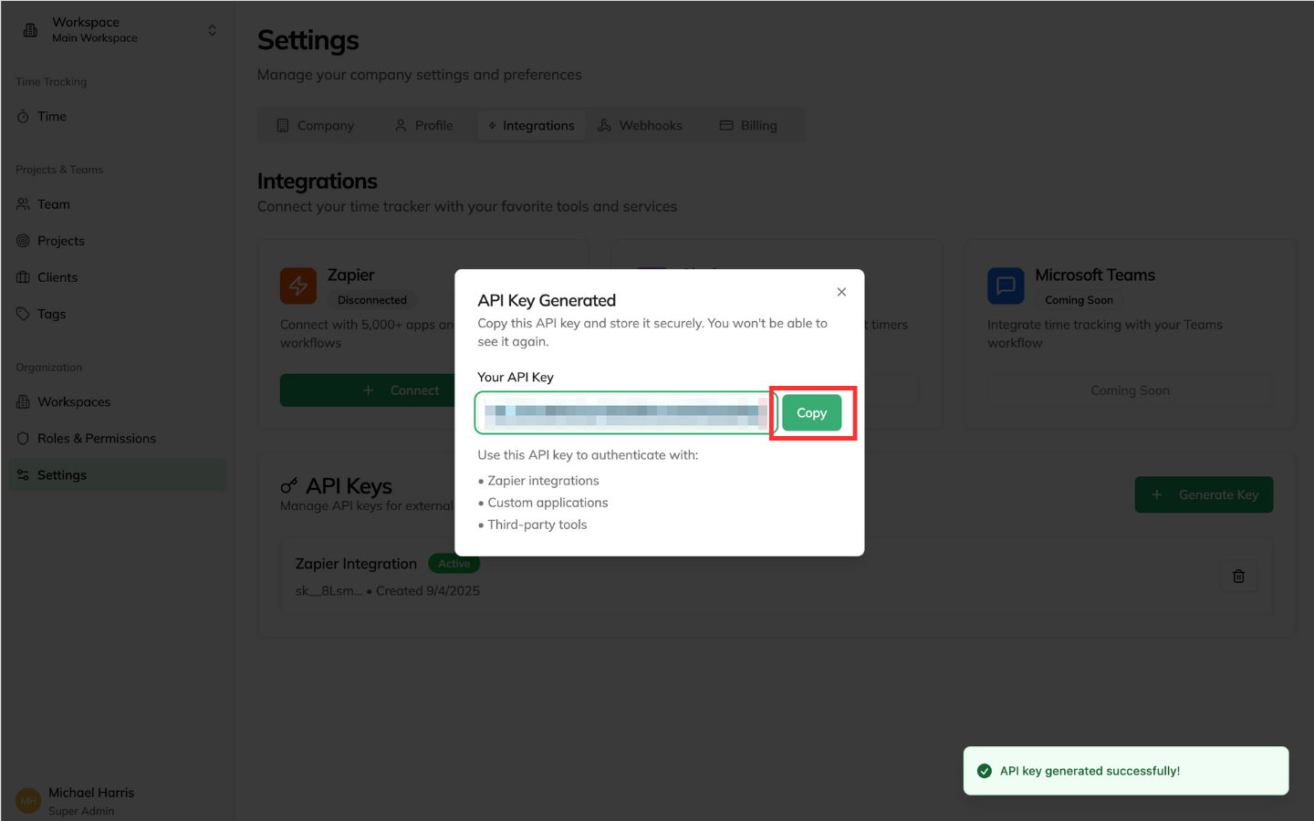 Generate API Key in Timetracker
