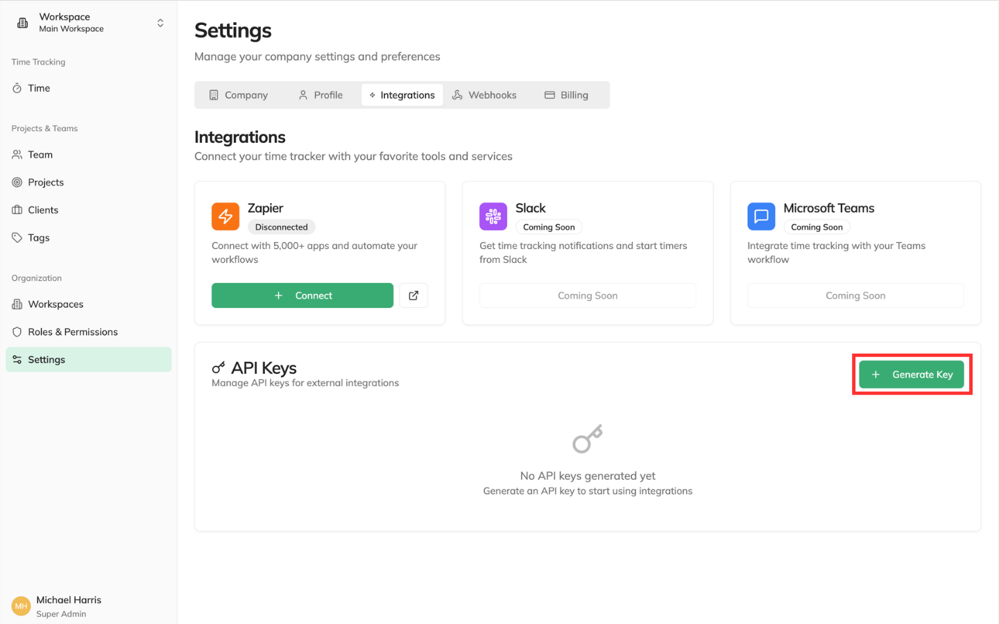 Generate API Key in Timetracker