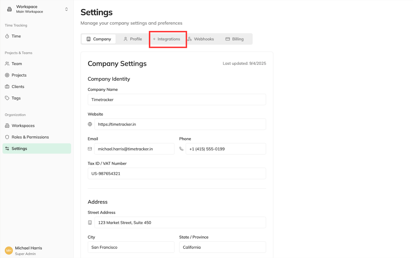 Generate API Key in Timetracker
